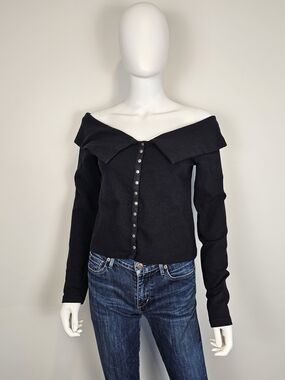 Maeve Black Ribbed Long Sleeve Off Shoulder Button Top Sz M